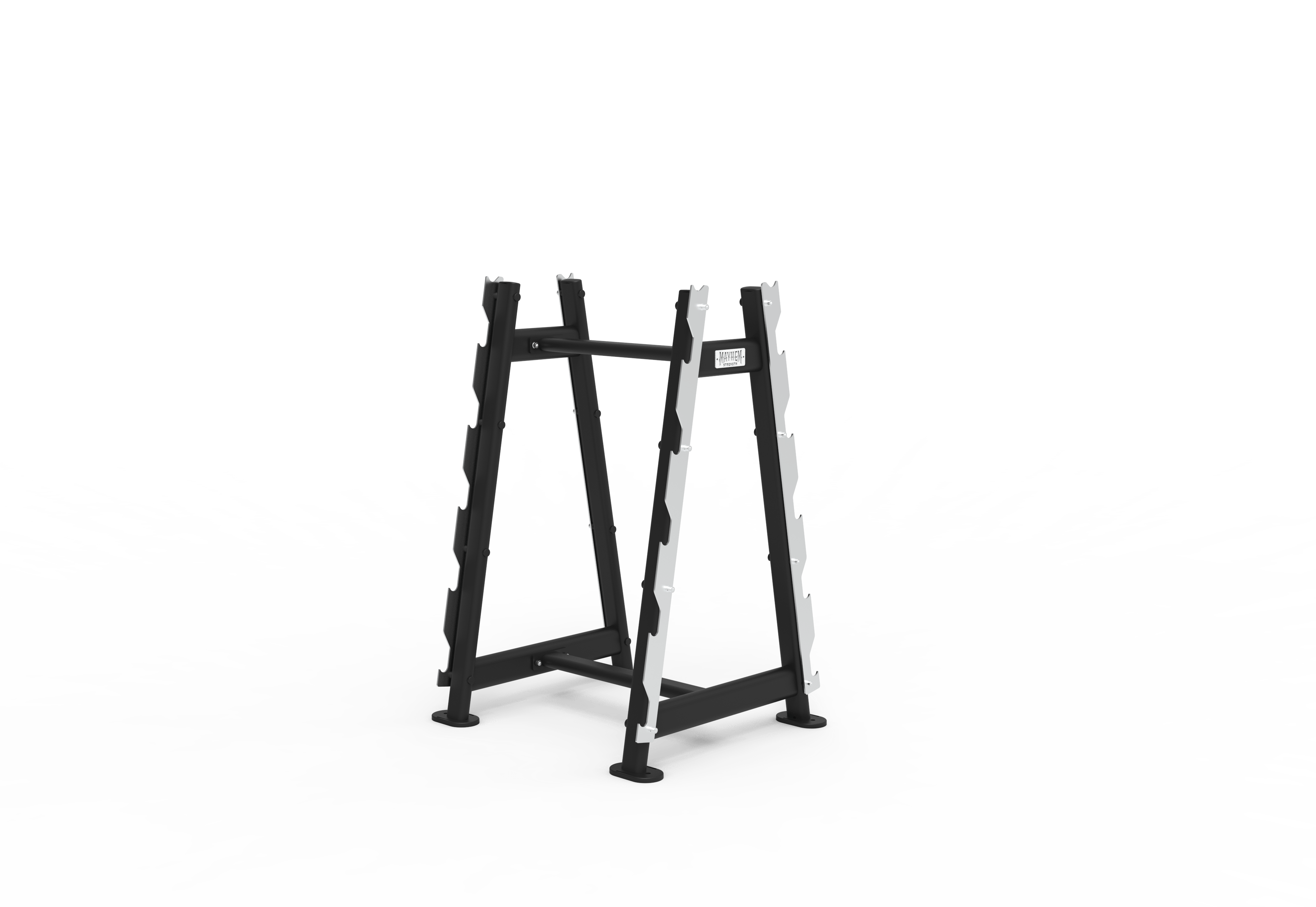 A black barbell rack designed to hold multiple straight and curl bars, with a sturdy and durable build.